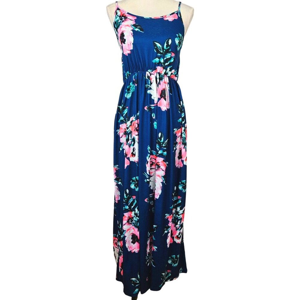 Womens Floral Boho Maxi Dress Adjustable Spaghetti Straps Navy Blue & Pink Small